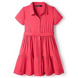 Pine Kids Twill Woven Half Sleeves Solid Colour Shirt Dress With Collar - Red