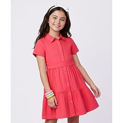 Pine Kids Twill Woven Half Sleeves Solid Colour Shirt Dress With Collar - Red