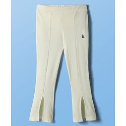 Pine Kids Cotton Knit Full Length Flared Leggings With Logo Print - Beige