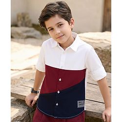 Pine Kids Cotton Woven Full Sleeves Color Block Shirt - White & Red