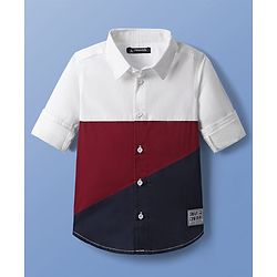 Pine Kids Cotton Woven Full Sleeves Color Block Shirt - White & Red