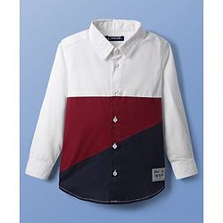 Pine Kids Cotton Woven Full Sleeves Color Block Shirt - White & Red