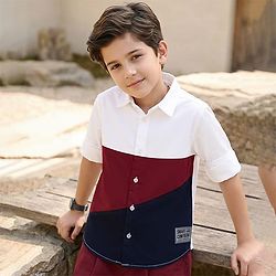 Pine Kids Cotton Woven Full Sleeves Color Block Shirt - White & Red