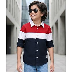 Pine Kids Cotton Woven Full Sleeves Color Block Shirt - Navy Blue & Red