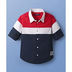 Pine Kids Cotton Woven Full Sleeves Color Block Shirt - Navy Blue & Red