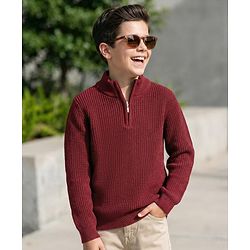Pine Kids Knit Full Sleeves High Neck Solid Color Pullover Sweater - Wine