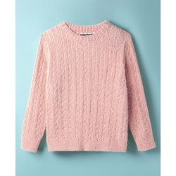 Pine Kids Knit Full Sleeves Pullover Sweater with Cable Knit Design - Pink