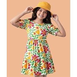 Pine Kids Cotton Knit Half Sleeves Frock with Floral Print - Light Green