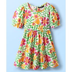 Pine Kids Cotton Knit Half Sleeves Frock with Floral Print - Light Green
