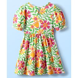 Pine Kids Cotton Knit Half Sleeves Frock with Floral Print - Light Green