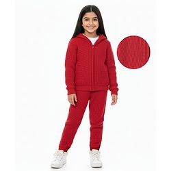 Pine Kids Knit Full Sleeves Solid Color Front Open Hooded Sweater Set - Red