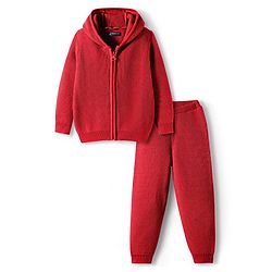 Pine Kids Knit Full Sleeves Solid Color Front Open Hooded Sweater Set - Red