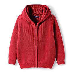 Pine Kids Knit Full Sleeves Solid Color Front Open Hooded Sweater Set - Red