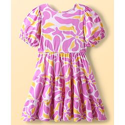 Pine Kids Cotton Knit Half Sleeves Fit & Flare Frock with Abstract Print - Pink