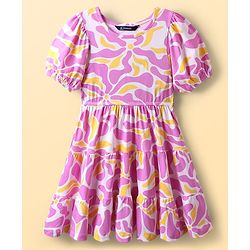 Pine Kids Cotton Knit Half Sleeves Fit & Flare Frock with Abstract Print - Pink