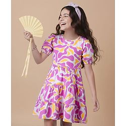 Pine Kids Cotton Knit Half Sleeves Fit & Flare Frock with Abstract Print - Pink