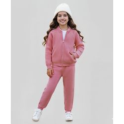 Pine Kids Knit Full Sleeves Solid Color Front Open Hooded Sweater Set - Pink