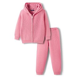 Pine Kids Knit Full Sleeves Solid Color Front Open Hooded Sweater Set - Pink