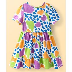 Pine Kids Cotton Knit Half Sleeves Frock With Abstract Print - White & Blue