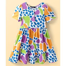 Pine Kids Cotton Knit Half Sleeves Frock With Abstract Print - White & Blue