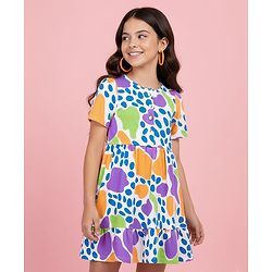 Pine Kids Cotton Knit Half Sleeves Frock With Abstract Print - White & Blue