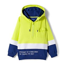 Pine Kids Cotton Knit Full Sleeves Pullover Cut & Sew Hooded Sweatshirt with Text Print - Lime Green
