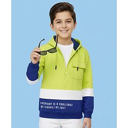 Pine Kids Cotton Knit Full Sleeves Pullover Cut & Sew Hooded Sweatshirt with Text Print - Lime Green