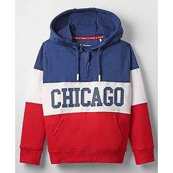 Pine Kids Cotton Knit Full Sleeves Cut & Sew Designed Hooded Sweatshirt with Text Print & Kangaroo Pockets - Red Blue & White