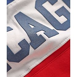 Pine Kids Cotton Knit Full Sleeves Cut & Sew Designed Hooded Sweatshirt with Text Print & Kangaroo Pockets - Red Blue & White