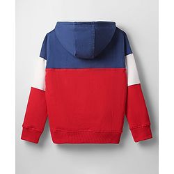 Pine Kids Cotton Knit Full Sleeves Cut & Sew Designed Hooded Sweatshirt with Text Print & Kangaroo Pockets - Red Blue & White