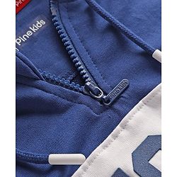 Pine Kids Cotton Knit Full Sleeves Cut & Sew Designed Hooded Sweatshirt with Text Print & Kangaroo Pockets - Red Blue & White
