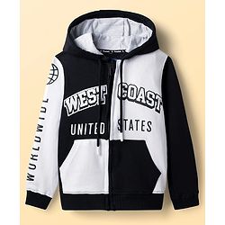 Pine Kids Cotton Knit Full Sleeves Hooded Sweatjacket with Text Print & Kangaroo Pockets - Black