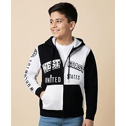 Pine Kids Cotton Knit Full Sleeves Hooded Sweatjacket with Text Print & Kangaroo Pockets - Black