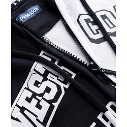 Pine Kids Cotton Knit Full Sleeves Hooded Sweatjacket with Text Print & Kangaroo Pockets - Black