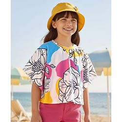 Pine Kids Cotton Knit Half Sleeves Kaftan Style Top With Floral Print - White