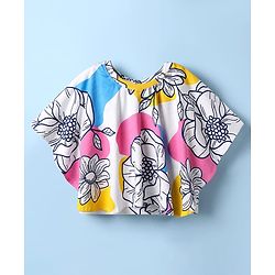 Pine Kids Cotton Knit Half Sleeves Kaftan Style Top With Floral Print - White