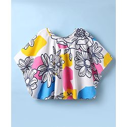 Pine Kids Cotton Knit Half Sleeves Kaftan Style Top With Floral Print - White