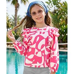 Pine Kids Cotton Knit Full Sleeves Top with Frill Detailing & Abstract Print - Pink & White