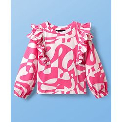 Pine Kids Cotton Knit Full Sleeves Top with Frill Detailing & Abstract Print - Pink & White
