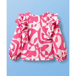 Pine Kids Cotton Knit Full Sleeves Top with Frill Detailing & Abstract Print - Pink & White