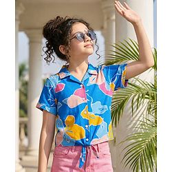 Pine Kids Cotton Knit Half Sleeves Knotted Top with Abstract Print - Blue