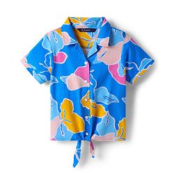 Pine Kids Cotton Knit Half Sleeves Knotted Top with Abstract Print - Blue