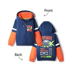 Pine Kids Cotton Knit Full Sleeves Hooded Sweatjacket With Future Print - Navy Blue & Orange