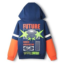 Pine Kids Cotton Knit Full Sleeves Hooded Sweatjacket With Future Print - Navy Blue & Orange