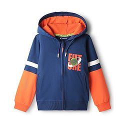 Pine Kids Cotton Knit Full Sleeves Hooded Sweatjacket With Future Print - Navy Blue & Orange