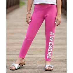 Pine Kids Cotton Knit Full Length Leggings With Stretch & Text Print - Dark Pink