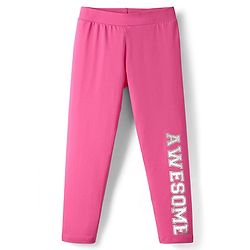 Pine Kids Cotton Knit Full Length Leggings With Stretch & Text Print - Dark Pink
