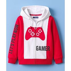 Pine Kids Cotton Knit Full Sleeves Cut & Sew Hooded SweatJacket Gaming Print - Red