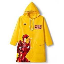 Pine Kids Marvel Full Sleeves Hooded Raincoat with Front & Back Ironman Graphics - Yellow