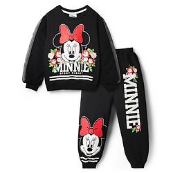 Pine Kids Disney Terry Knit Full Sleeves Co-ord Sweatshirt & Joggers With Minnie Mouse Graphics & Mesh Detailing - Black